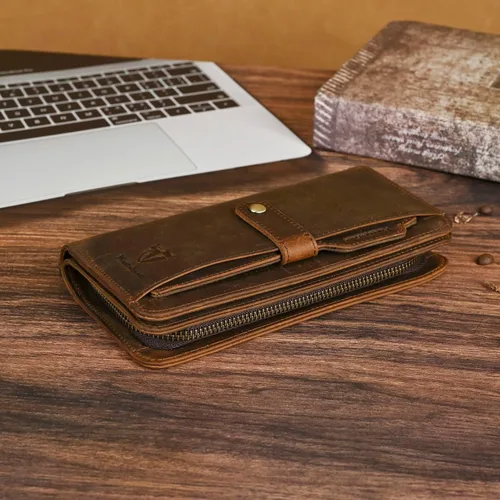 Miniatura 77 de Genuino Caballo Loco Cuero Regalo de Viaje Moneda Bolsillo Tarjetero Organizador Largo Cadena Rfid Cartera Monedero Con Broche Para Hombres Hombres