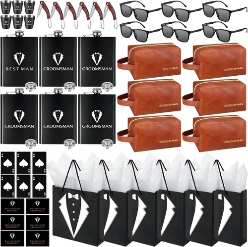 Miniatura 7 de Juego de 60 piezas de regalo para padrinos de boda, conjunto de 6, caja de propuesta de padrinos de boda con frascos, gafas de sol, neceser de cuero