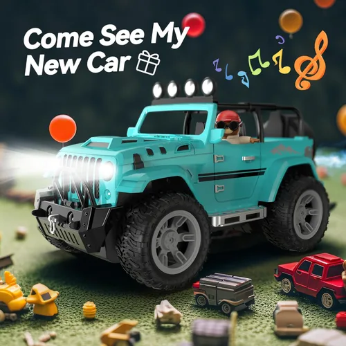 Miniatura 2 de DEERC Coche de Control Remoto con Neblina y Música, Camión de Control Remoto 1:16 para Niños, Juguete de Coche RC de 2.4Ghz con 2 Baterías, Regalo