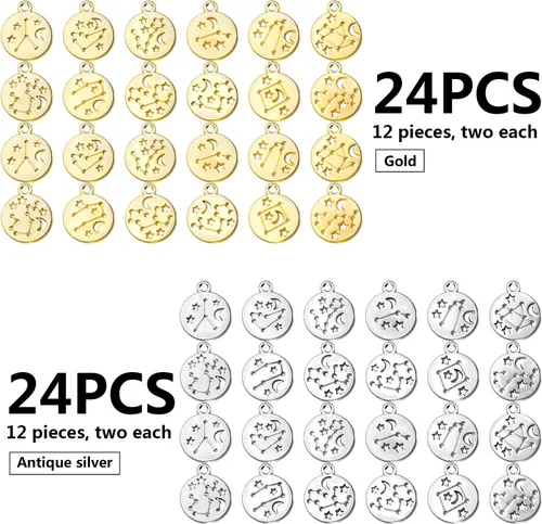 Miniatura 2 de Dijes redondos del signo del zodiaco, con doce constelaciones, dijes de aleación del zodiaco, dijes de doble cara para joyería, aretes, pulseras