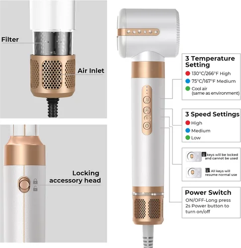 Miniatura 5 de Cepillo Secador de Pelo 7 en UNO, Varita Rizadora Autowrap, Secador de Pelo Iónico Negativo de Alta Velocidad 110,000 RPM con Difusor Concentrador