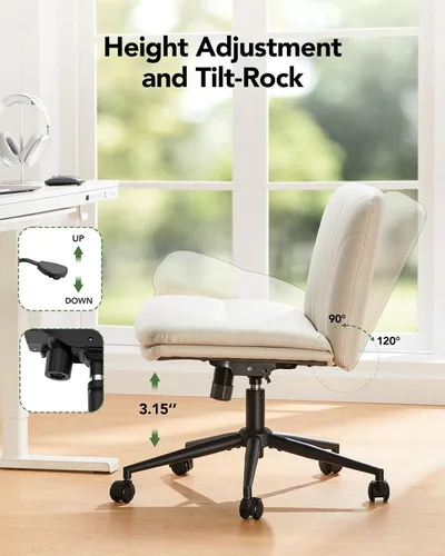 Miniatura 7 de Marsail Silla de escritorio de oficina sin brazos con ruedas, silla ancha de piel sintética con patas cruzadas, cómodas sillas giratorias ajustables