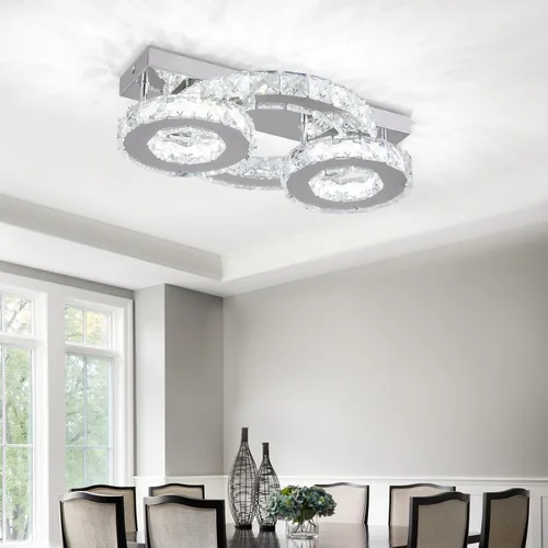 Miniatura 7 de Lámpara de techo de cristal regulable, moderna lámpara de techo de cristal de 3 anillos LED de montaje empotrado para comedor, dormitorio, sala