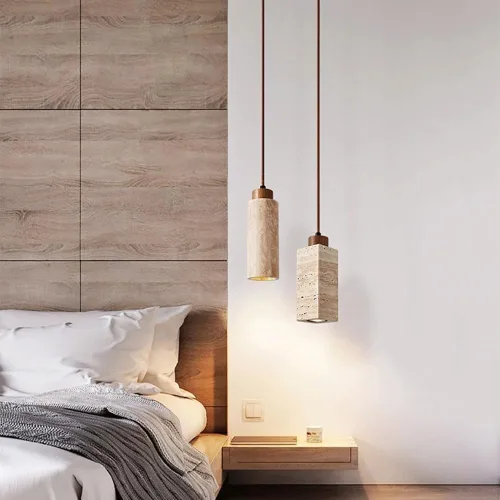 Miniatura 7 de Long Tube Stone Pendant Light Japanese Retro Bedside Hanging Lamp E27 Lighting Fixtures Natural Yellow Travertine Chandelier Industrial Flute