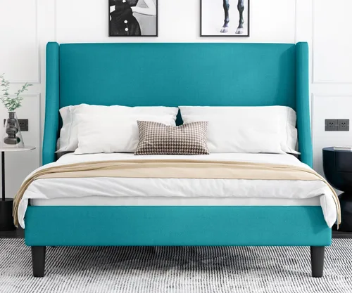 Miniatura 8 de Allewie Estructura de Cama de Plataforma Tamaño King con Cabecera Tapizada – Diseño Moderno Deluxe con Respaldo Alado, Soporte de Listones de Gris