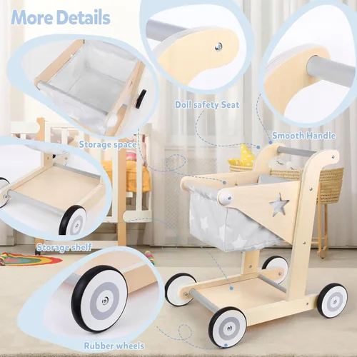 Miniatura 5 de Asweets Andador de Bebé de Madera 2 en 1 para Empujar y Jalar Cochecito de Muñecas, Carrito de Compras Andador de Aprendizaje para Niños y Niñas