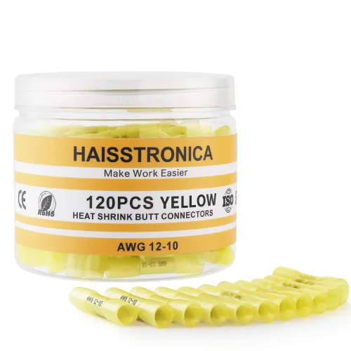 haisstronica 120 conectores de tope termocontraíbles amarillos de 12-10 Awg, cobre rojo estañado, 0.039 in, conectores de alambre de crimpado