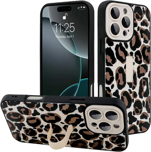 Miniatura 88 de Funda diseñada para iPhone 17 Pro Max con soporte plegable y correa para dedos, bonito patrón de lazo de corazón de flor rosa para mujeres y niñas