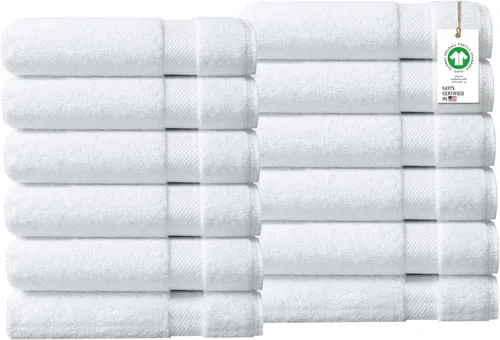 Toallas 100% algodón orgánico de 22.93 oz/m² de felpa al tacto de secado rápido, paquete de 12 toallas de lavado de algodón orgánico, certificado