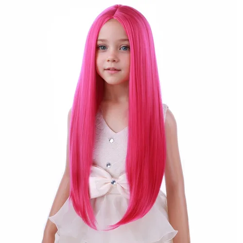 Miniatura 3 de PATTNIUM Peluca de color rosa intenso para niños, peluca larga y recta, color rosa, para niñas, color magenta, color rosa neón, pelucas sintéticas