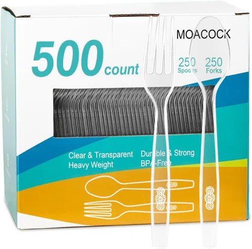Miniatura 10 de MOACOCK 100 cubiertos de plástico pesados, tenedores de plástico pesados, cucharas, utensilios desechables, juego de cubiertos para suministros