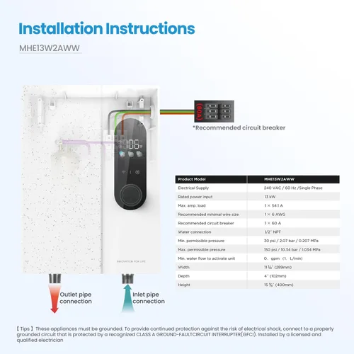 Miniatura 2 de Midea Calentador de agua eléctrico sin tanque de 13KW, control táctil, control Wi-Fi, pantalla LED, modo infantil, 240 voltios con modulación