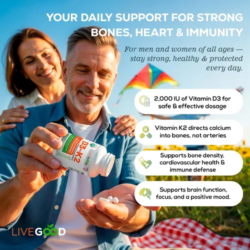 Miniatura 5 de LIVEGOOD Suplemento orgánico D3 K2 de 2000 UI, cápsulas veganas con MK-7, vitamina D3 pura con K2 para el sistema inmunológico y apoyo óseo