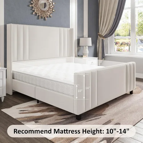 Miniatura 7 de Albott Base de cama de plataforma tamaño King, cama tapizada con cabecera y pie de cama con respaldo alado capitoné de canales verticales, Crema