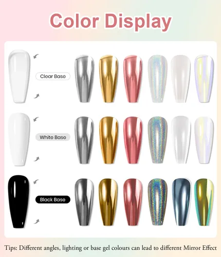 Miniatura 4 de Polvo de uñas 100% cromado BISHENGYF: Polvo cromado de efecto metálico súper NO.1 para uñas Oro Plata Blanco Laser Holográfico Blanco Perla Cromo A