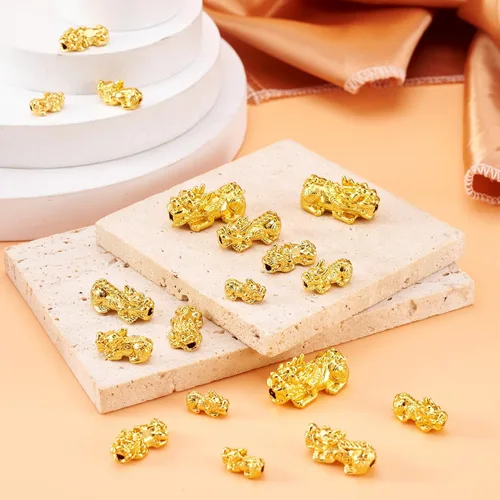 Miniatura 5 de Craftdady 20 cuentas espaciadoras Pixiu chapadas en oro de 24 quilates, aleación de metal 3D, cuentas Fengshui, 5 tamaños para atraer riqueza, buena