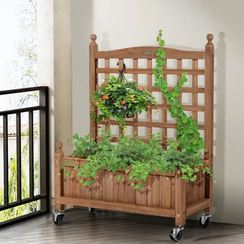 Miniatura 7 de Giantex Cama elevada móvil para plantas, maceta de madera con enrejado y ruedas, caja de flores para escalada de plantas, jardín vertical