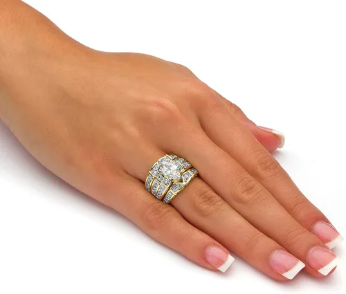 Miniatura 3 de Juego de 3 anillos de novia de oro amarillo de 14 quilates sobre plata de ley con circonita cúbica de corte marquesa