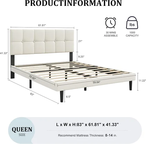 Miniatura 2 de IOILORI - Marco de cama tamaño Queen, marco de cama tapizada tamaño Queen con cabecero, cabecero tapizado, listones de madera resistentes, Beige