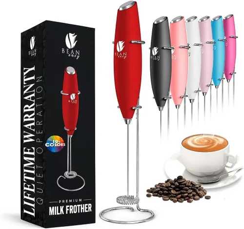 Bean Envy Espumador de leche para café, de mano, mini mezclador eléctrico de bebidas, espumador y espumador con soporte para café, lattes, Rojo