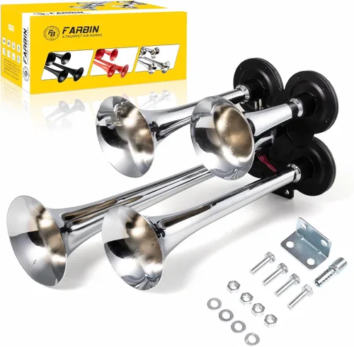 Miniatura 11 de FARBIN - Bocina de tren para camión, 178 dB, superpotente, con 4 trompetas, incluye compresor de aire 12 V de 150 PSI y tanque de 6 l (1.6 gal)