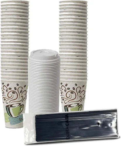 Miniatura 3 de Juego de tazas de papel aisladas con diseño de pajitas y café, tazas de 16 onzas, tapas y palitos para beber