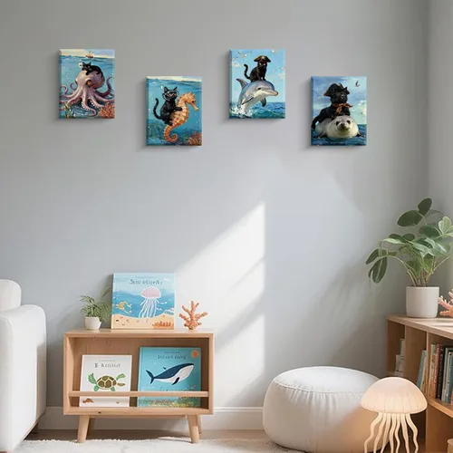 Miniatura 3 de Arte de pared enmarcado para baño, gato negro, aventura oceánica, póster de lienzo de 4 piezas de gato pirata náutico con caballito de mar, manatí