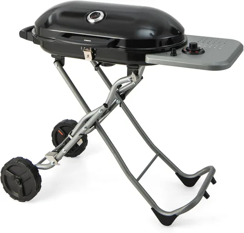 Miniatura 9 de Giantex Parrilla de gas propano portátil con quemador de 15,000 BTUs, mesa auxiliar, 2 ruedas, bandeja de grasa, marco de metal, parrilla de gas