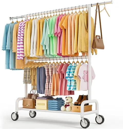 Miniatura 14 de Perchero de ropa resistente con carga de 860 libras, estantes de ropa rodantes de doble barra para colgar ropa, estante de ropa rodante con estantes