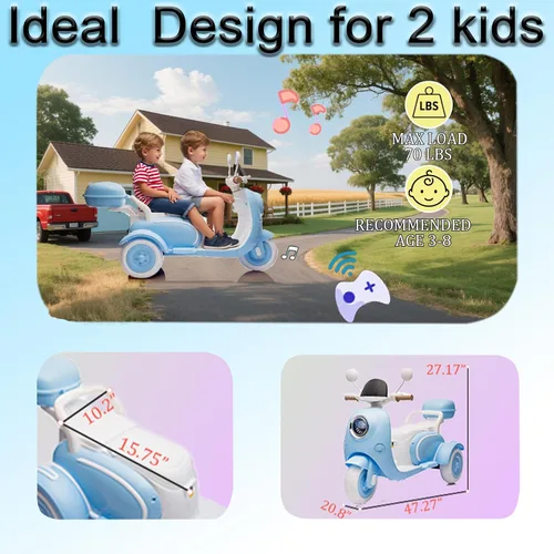 Miniatura 5 de Motocicleta de paseo de 12 V y 2 asientos para niños, juguete con batería eléctrica, bicicleta de tierra para niños, vehículo todoterreno, bicicleta