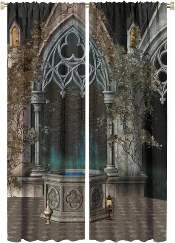Miniatura 28 de Cortinas góticas con diseño de luna de Halloween, historia, puerta espeluznante, fondo de terror, vela, ficción, patrón de impresión, sala de estar