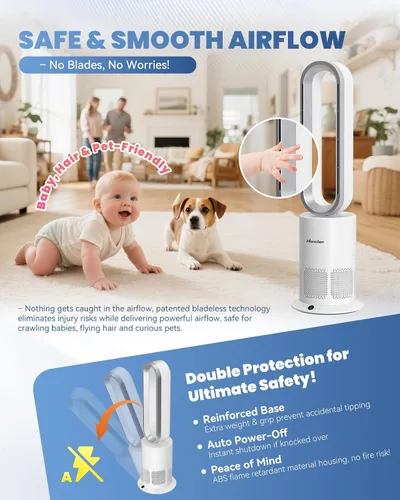 Miniatura 5 de Hanchen Ventilador HEPA de torre sin aspas Dual-Tech, ultra silencioso 3 en 1 para refrigeración, calefacción y purificador de aire, calefacción