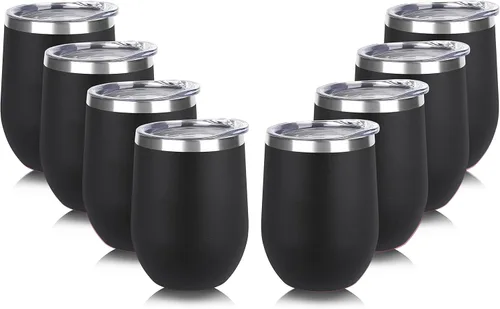 Miniatura 45 de DOMICARE - Juego de 8 vasos de vino de 12 onzas con tapa, hechos de acero inoxidable con aislamiento al vacío de doble pared, color celeste Azul