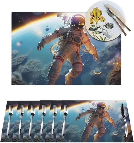 6 PCS PVC Placemats Set Place Mats Astronaut Flying on Planet Non-Slip Weave Place Mats 12" x 18" Farmhouse Table Mat Set for Family Dinners Wedding
