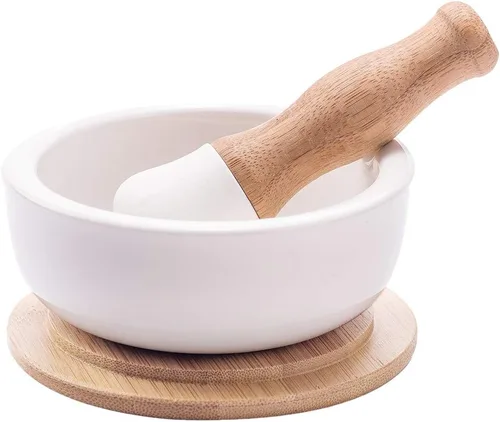 Juego de mortero y mortero de porcelana - Trituradora de píldoras, molinillo de especias, cuenco de hierbas, polvo de pesto - Molcajete para sal -