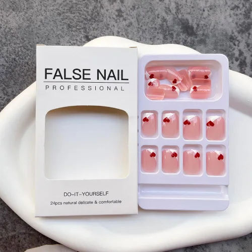 Miniatura 5 de Uñas postizas cuadradas cortas a presión para el día de San Valentín, uñas blancas francesas con pegamento, uñas postizas con diseño de corazón