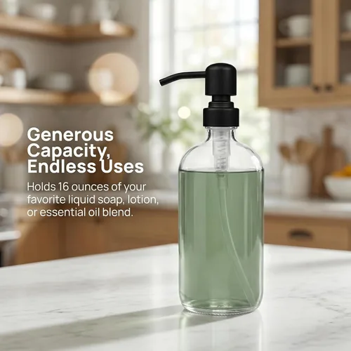 Miniatura 4 de Paquete de 4 dispensadores de jabón de vidrio con bomba de acero inoxidable negro mate, botellas redondas Boston transparentes de 16 onzas