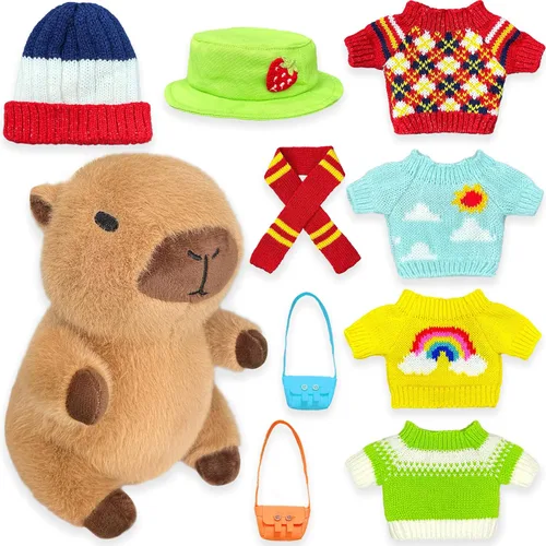 Miniatura 16 de Capybara Peluche con 9 piezas de Ropa y Accesorios, 10.2 pulgadas Lindo Animal de Peluche Capybara, Juguetes de Peluche para Vestir, Lindos Peluches