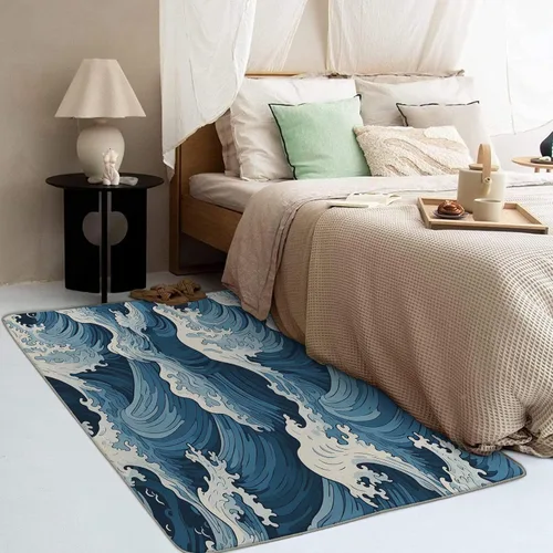 Miniatura 3 de Alfombra japonesa ondulada y decoración del hogar, alfombra de 4 x 5 pies, alfombras azules con ondas oceánicas para sala de estar, dormitorio, Onda