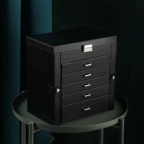 Miniatura 6 de Frebeauty Joyero grande, organizador de joyas de piel sintética de 6 niveles con cerradura, estuche de almacenamiento multifuncional con espejo