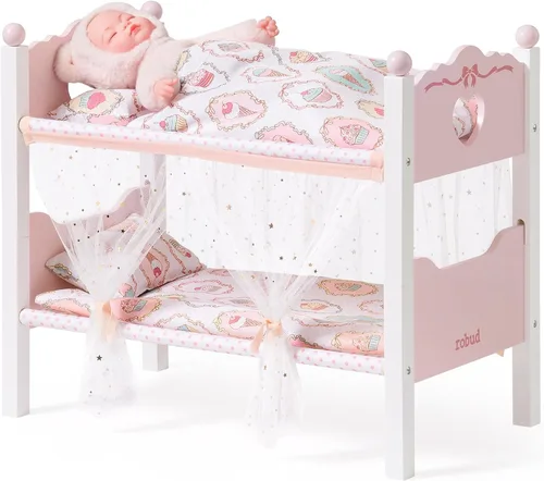 Miniatura 9 de ROBUD Cuna para Muñeca Bebé, Camas de Madera para Muñecas de 20 Pulgadas, Literas Azules para Muñeca Bebé con Tul, Cama para Muñeca American Girl