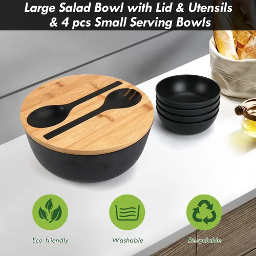 Miniatura 2 de ShineMe Ensaladeras, ensaladera grande con tapa y servidores, juego de ensaladas de bambú con 4 cuencos pequeños para servir, cuenco de cocina Negro