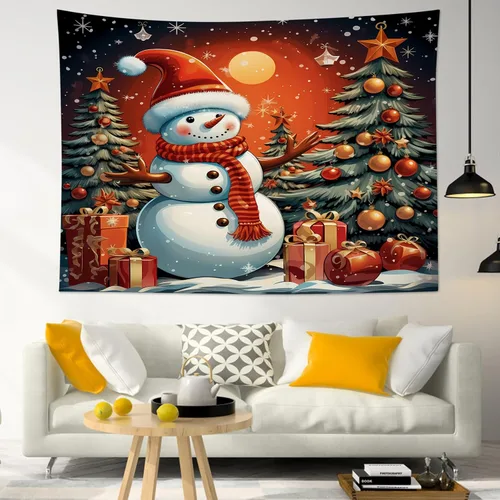 Miniatura 10 de HVEST Tapiz navideño de muñeco de nieve para colgar en la pared, divertido muñeco de nieve con sombrero rojo de Navidad y tapiz de regalo, tapiz