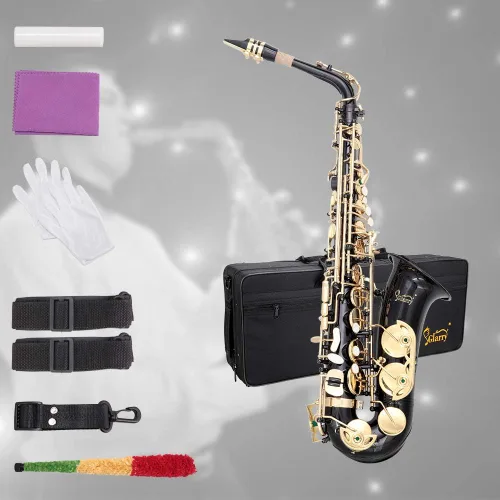 Glarry Student Alto Eb E-flat SAX Saxofón Lacado Dorado SAX Kit para Principiantes con Estuche, Cañas, Boquilla, Paño de Limpieza Suave y Varilla,