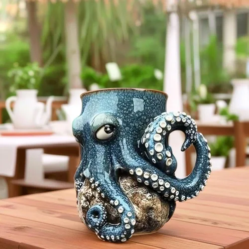 Taza de pulpo de criatura oceánica para decoración del hogar, soporte para bolígrafo de pulpo 3D, único y novedoso con mango de tentáculo, bigote,