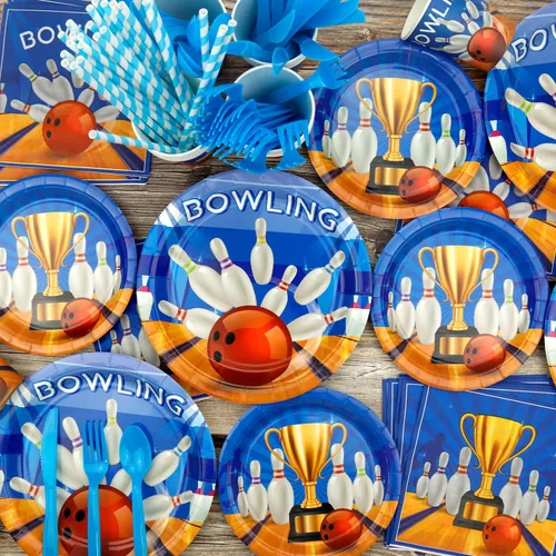 Miniatura 5 de KEFAN Decoraciones de fiesta de cumpleaños de bolos, suministros de vajilla para fiesta temática de bolos, incluyendo telón de fondo, platos, vasos