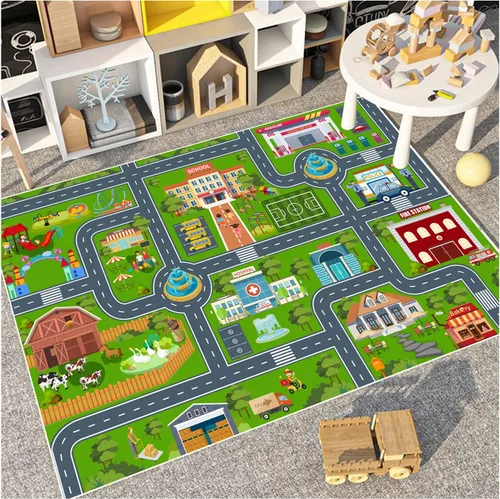 Miniatura 11 de Alfombra de coche de carretera para niños, 31 x 47 pulgadas, alfombra de pista de carreras de ciudad, alfombra de carreras para niños, alfombra