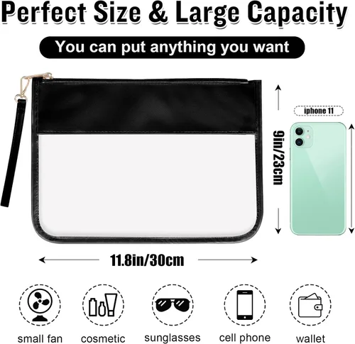 Miniatura 2 de Izuzta Bolsa plana de PVC transparente – Bolsa de maquillaje de viaje con pulsera, bolsa de letras de chenilla, bolsa de cosméticos portátil Negro