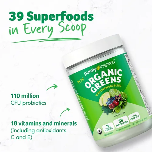 Miniatura 2 de Purely Inspired Organic Greens Powder Superfood Smoothie Mix, sin sabor (30 porciones) – Super Greens con probióticos, espirulina y clorella