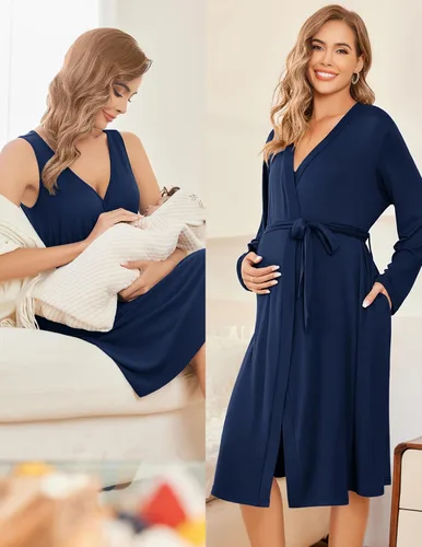 Miniatura 4 de Ekouaer Conjunto de bata y bata de maternidad para mujer, camisón de lactancia para el parto, ropa de embarazo, S-XXL